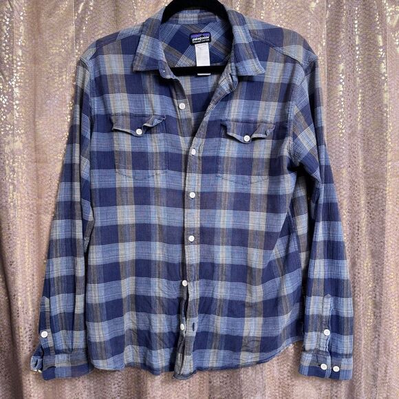 Patagonia Blue Upcycled Women's Tie Front Button Down Flannel Top Med - Picture 2 of 7